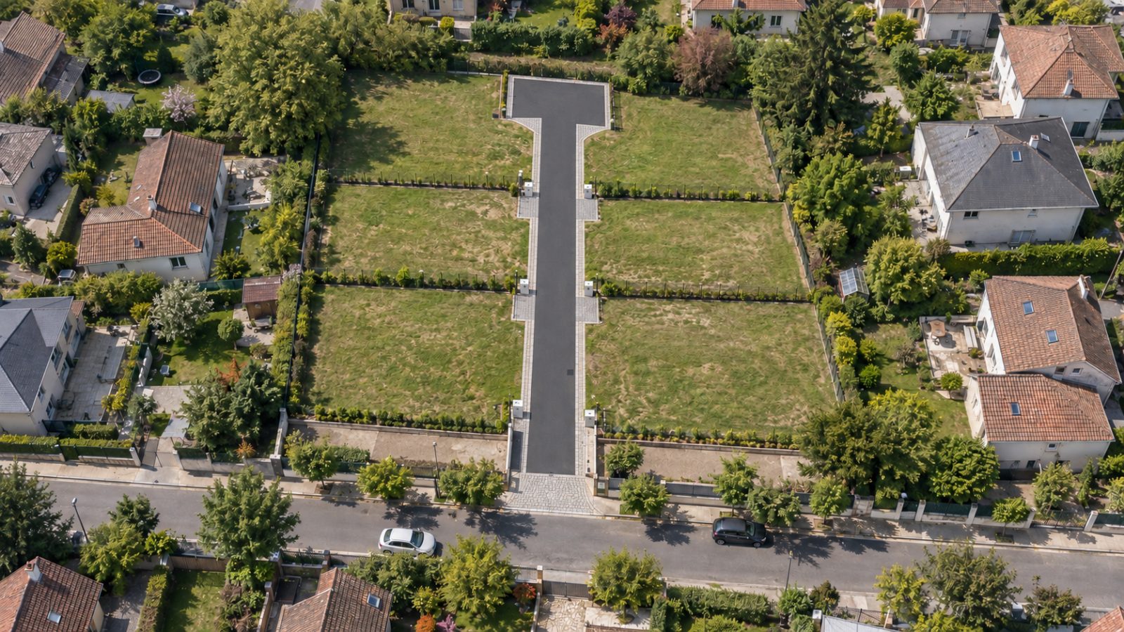 Vue aérienne d'une propriété divisée en lots à bâtir desservis par une voie privée